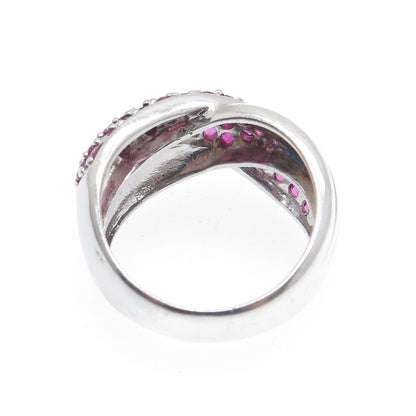 925 Sterling Silver Real Round-Cut Ruby Crisscross Ring Size 8.25