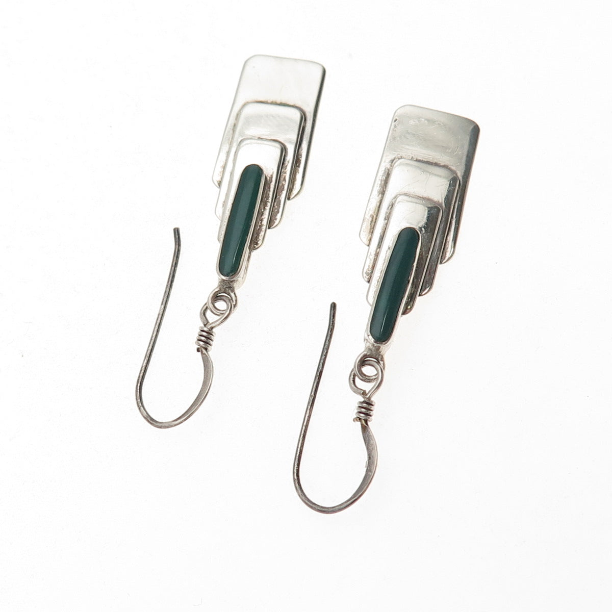 925 Sterling Silver Vintage Real Green Onyx Modernist Dangle Earrings