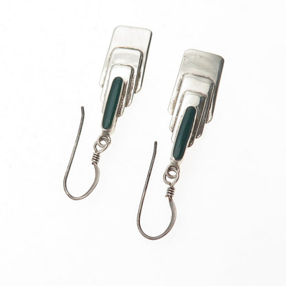 925 Sterling Silver Vintage Real Green Onyx Modernist Dangle Earrings