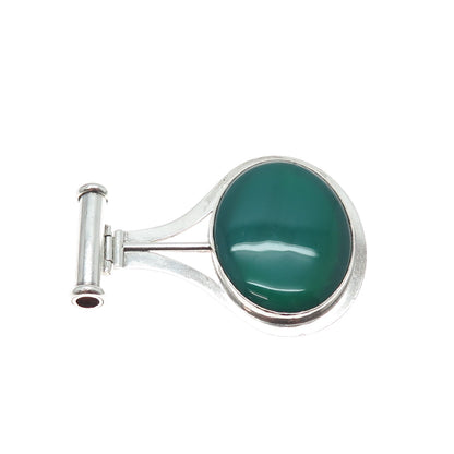 925 Sterling Silver Vintage Real Green Agate Modernist Slide Large Pendant