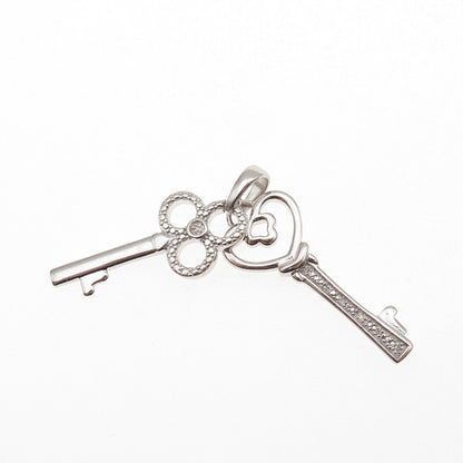 925 Sterling Silver Real Round-Cut Diamond Heart & Club Key Charm Pendant