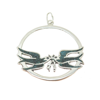 Old Pawn 925 Sterling Silver Vintage Real Turquoise Inlay Swallow Bird Pendant