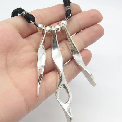 925 Sterling Silver Vintage Israel Modernist Triple Bar Leather Necklace 14"