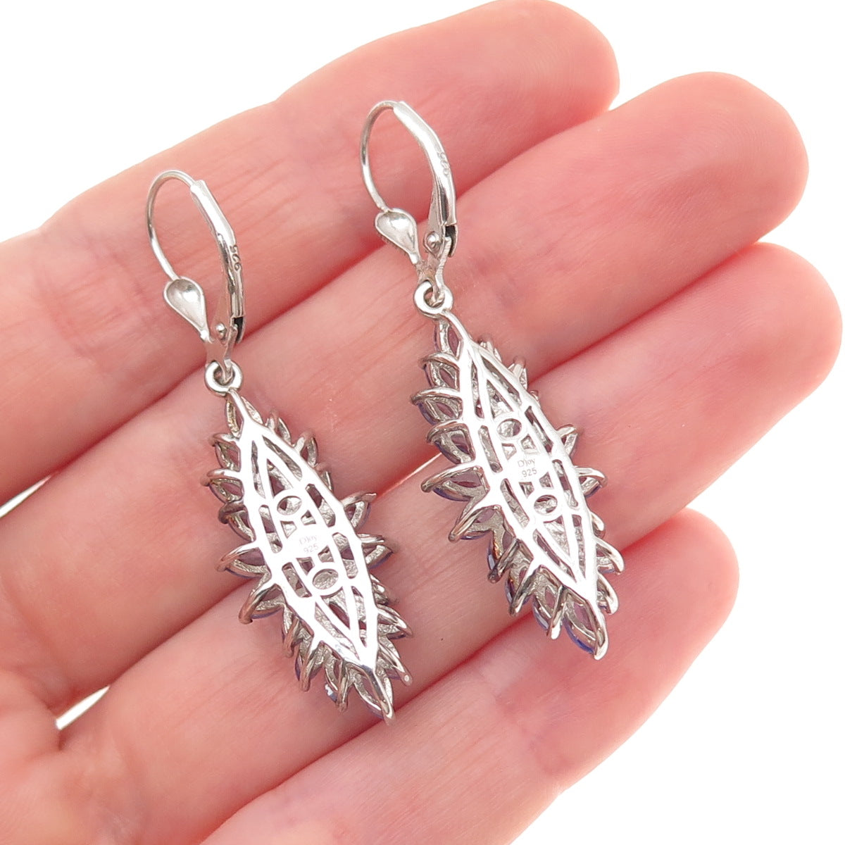 D'Joy 925 Sterling Silver Real Marquise-Cut Tanzanite Cluster Dangle Earrings