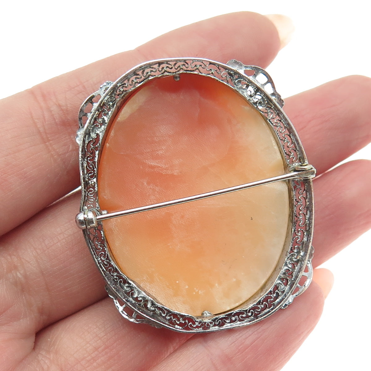 800 Silver Antique Real Carved MOP Victorian Lady Cameo Filigree Pin Pendant