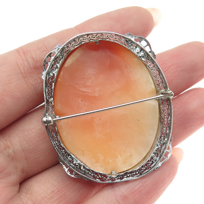 800 Silver Antique Real Carved MOP Victorian Lady Cameo Filigree Pin Pendant