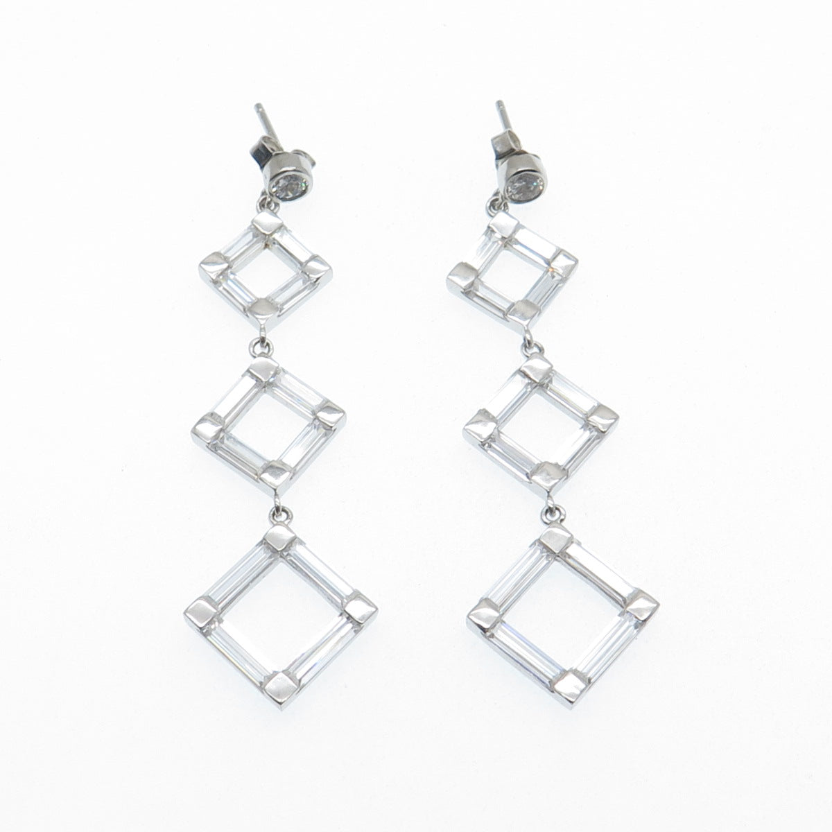 925 Sterling Silver Baguette & Round-Cut C Z Geometric Dangle Earrings