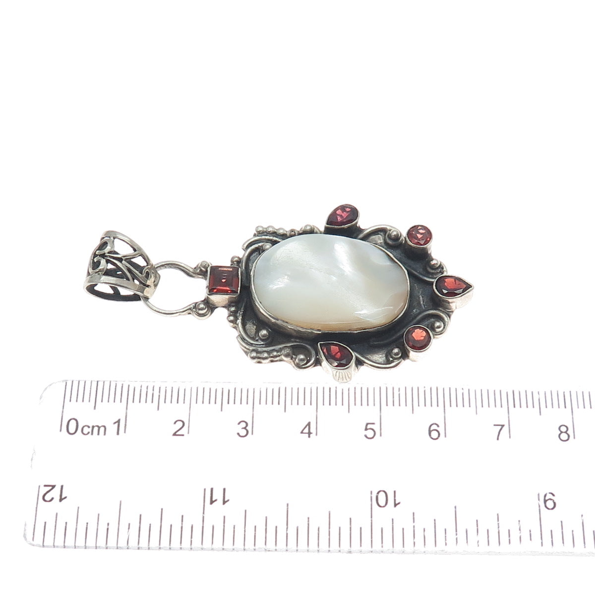 925 Sterling Silver Vintage Real Mother-of-Pearl & Red Garnet Oxidized Pendant
