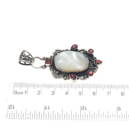 925 Sterling Silver Vintage Real Mother-of-Pearl & Red Garnet Oxidized Pendant