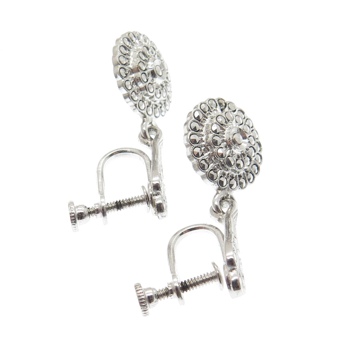 925 Sterling Silver Antique Art Deco Real Marcasite Dangling Screw Back Earrings