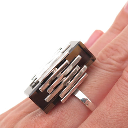 925 Sterling Silver Vintage Real Smoky Quartz Modernist Statement Ring Size 7