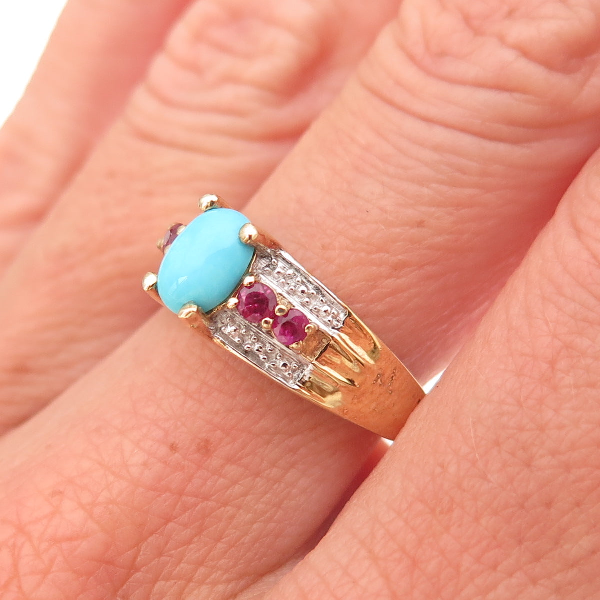 Chuck Clemency 925 Sterling Silver Gold Plated Real Turquoise & Ruby Ring Size 7