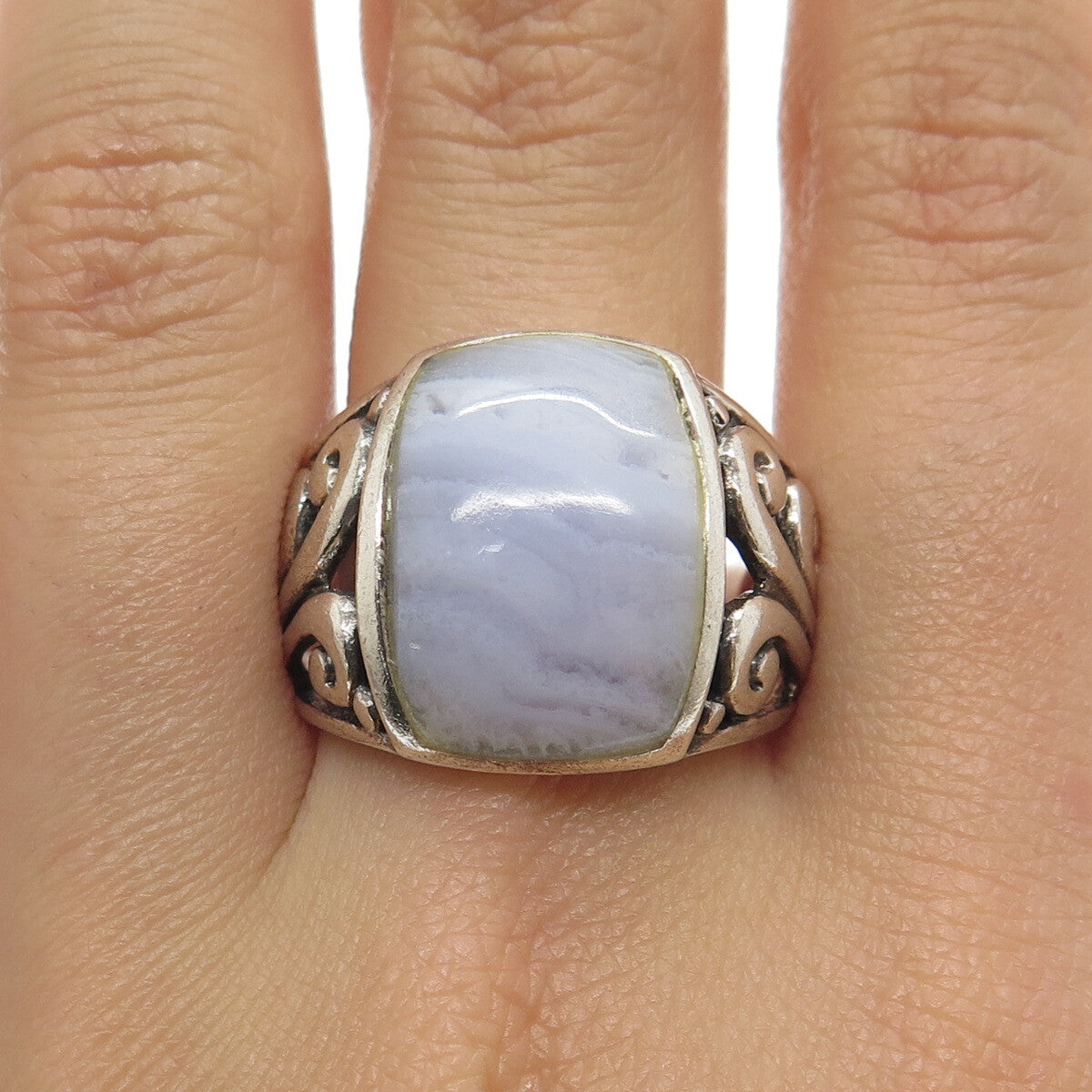 925 Sterling Silver Vintage Real Blue Lace Agate Gemstone Ring Size 8