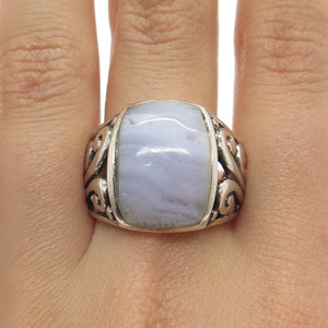 925 Sterling Silver Vintage Real Blue Lace Agate Gemstone Ring Size 8