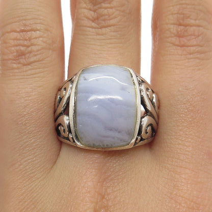925 Sterling Silver Vintage Real Blue Lace Agate Gemstone Ring Size 8