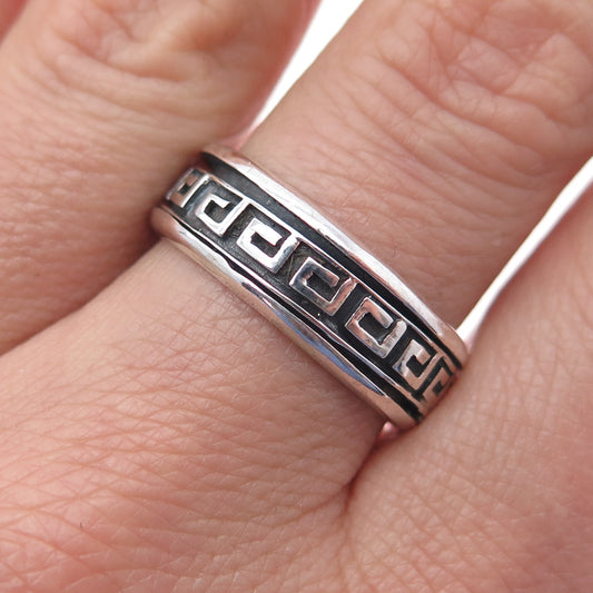 925 Sterling Silver Vintage Greek Key Rotating Band Oxidized Ring Size 9