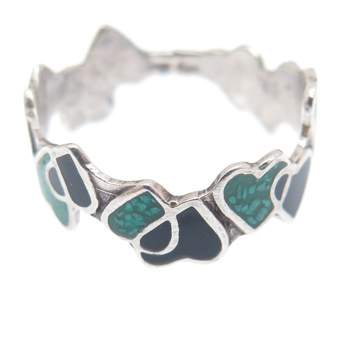 925 Sterling Silver Vintage Mexico Enamel Real Turquoise Inlay Heart Ring Size 7