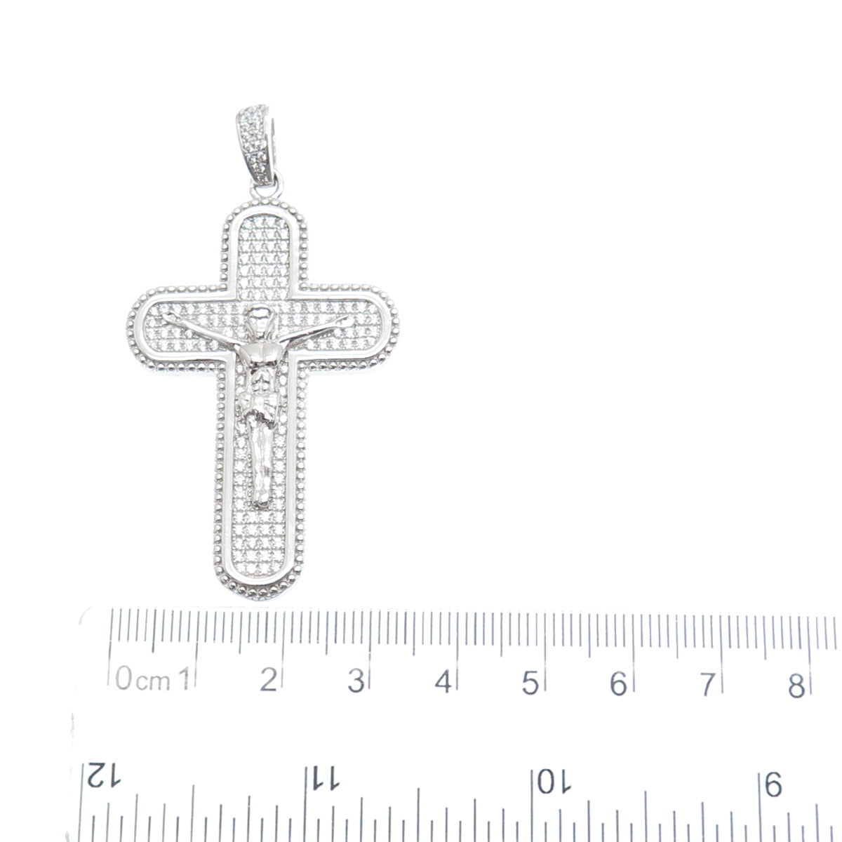 925 Sterling Silver Round-Cut Shaped C Z Crucifix Cross Religious Pendant