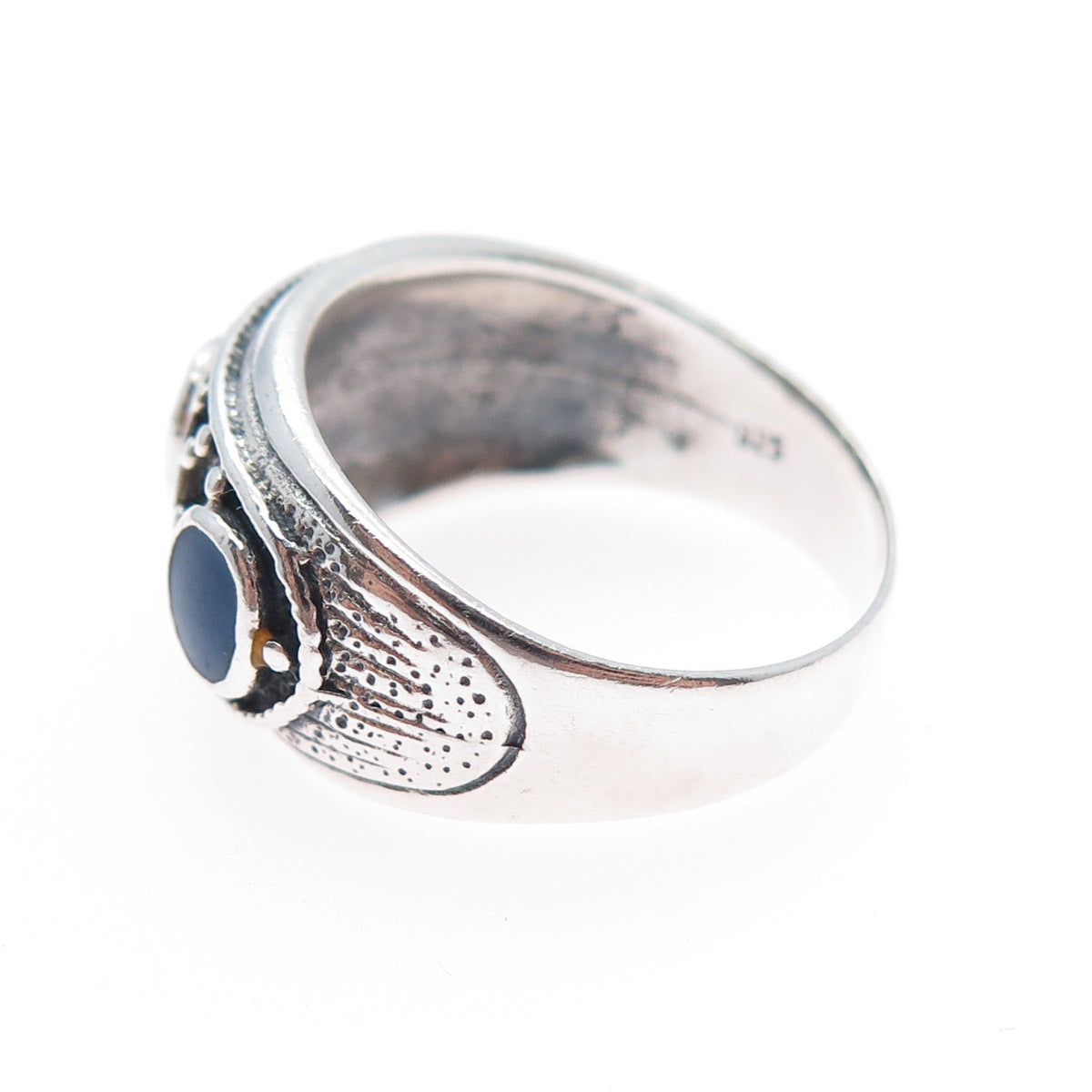 925 Sterling Silver Vintage Real Lapis Lazuli Feather Oxidized Ring Size 9