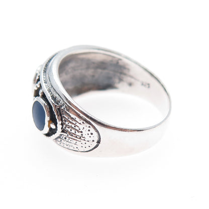 925 Sterling Silver Vintage Real Lapis Lazuli Feather Oxidized Ring Size 9