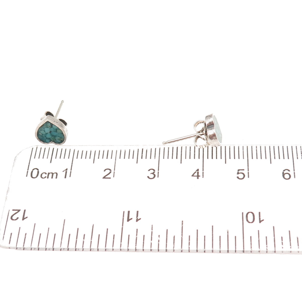 Old Pawn 925 Sterling Silver Vintage Turquoise Inlay Heart Tribal Stud Earrings