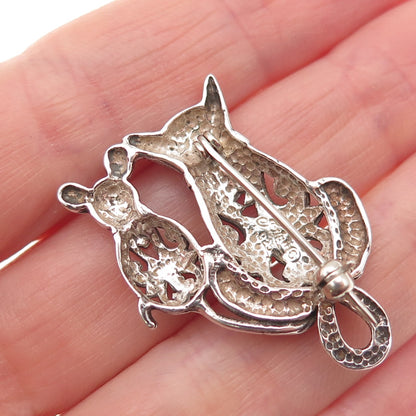 JEZLAINE 925 Sterling Silver Vintage Cat & Mouse Floral Oxidized Pin Brooch