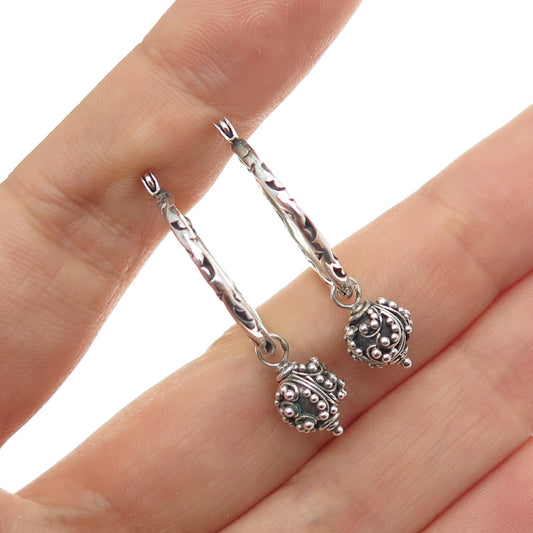925 Sterling Silver Vintage Granulated Dangle Bead Scroll Hoop Earrings