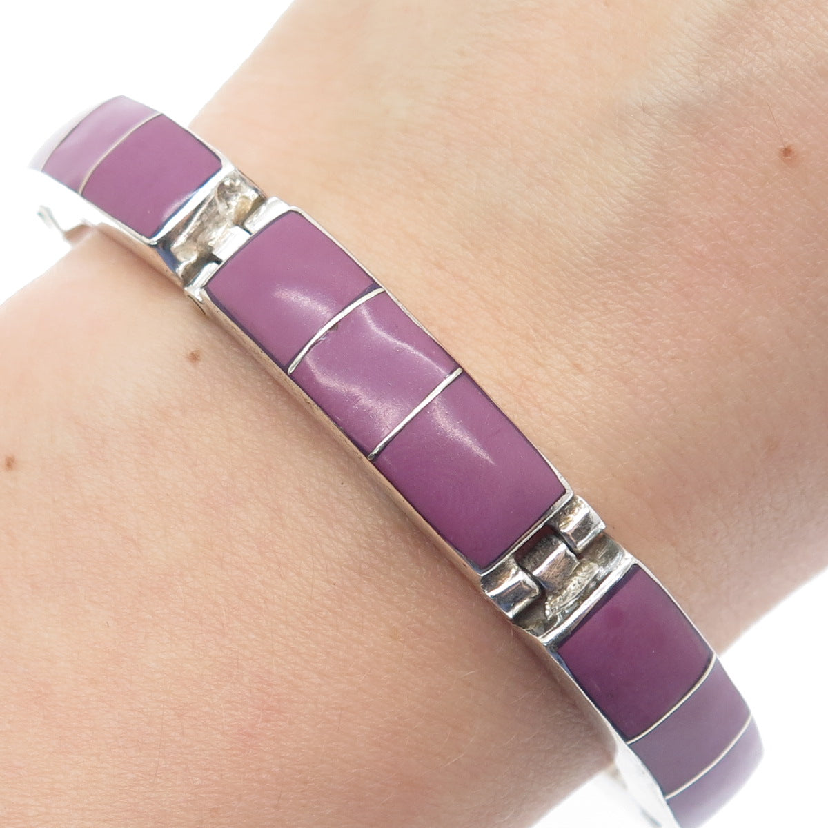 925 Sterling Silver Vintage Mexico Real Sugilite Panel Link Bracelet 6.75"