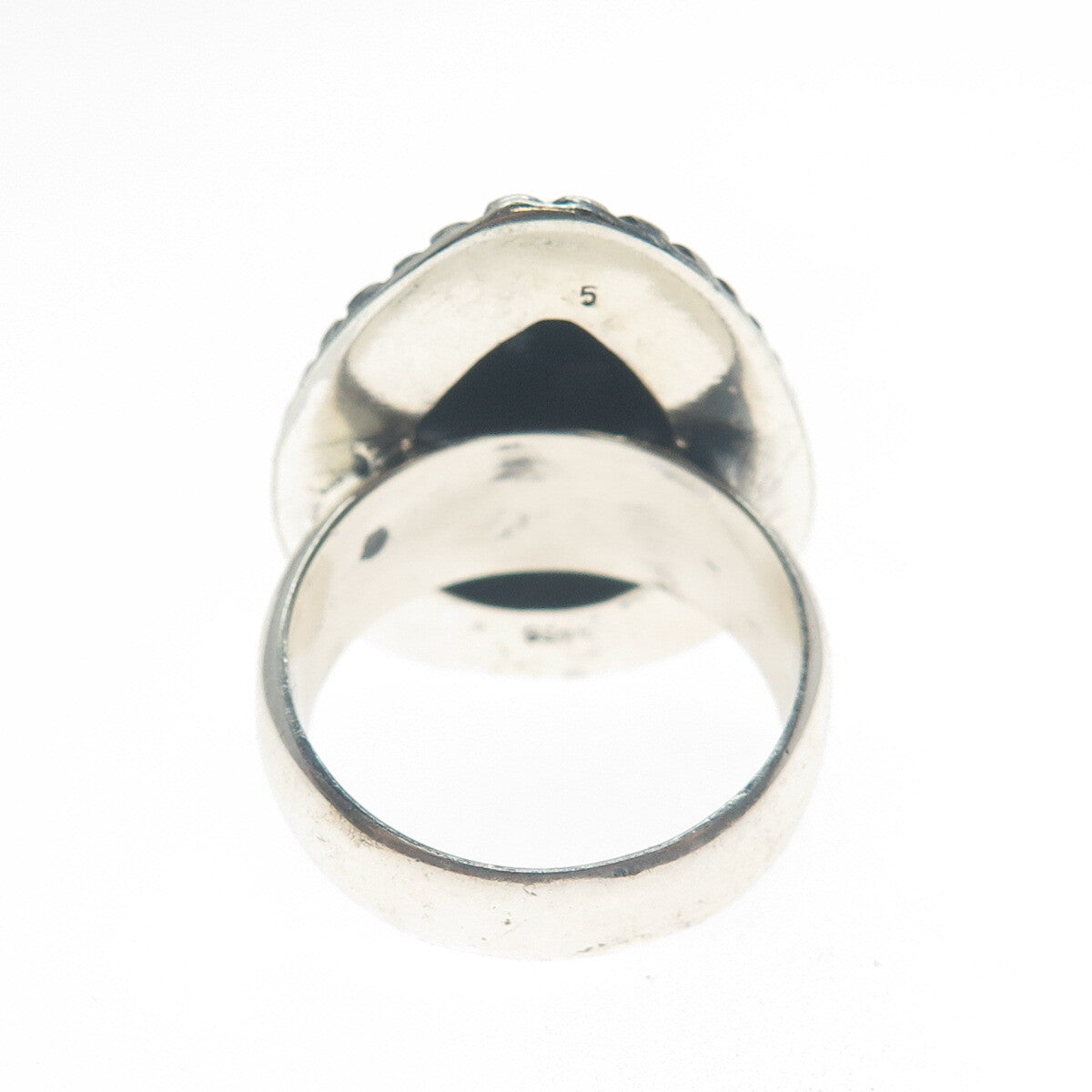 925 Sterling Silver Vintage Pear-Cut Snowflake Obsidian Oxidized Ring Size 9