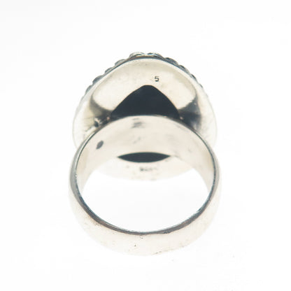 925 Sterling Silver Vintage Pear-Cut Snowflake Obsidian Oxidized Ring Size 9