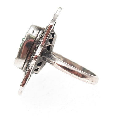 925 Sterling Silver Antique Art Deco Real Jade & Marcasite Oxidized Ring Size 6