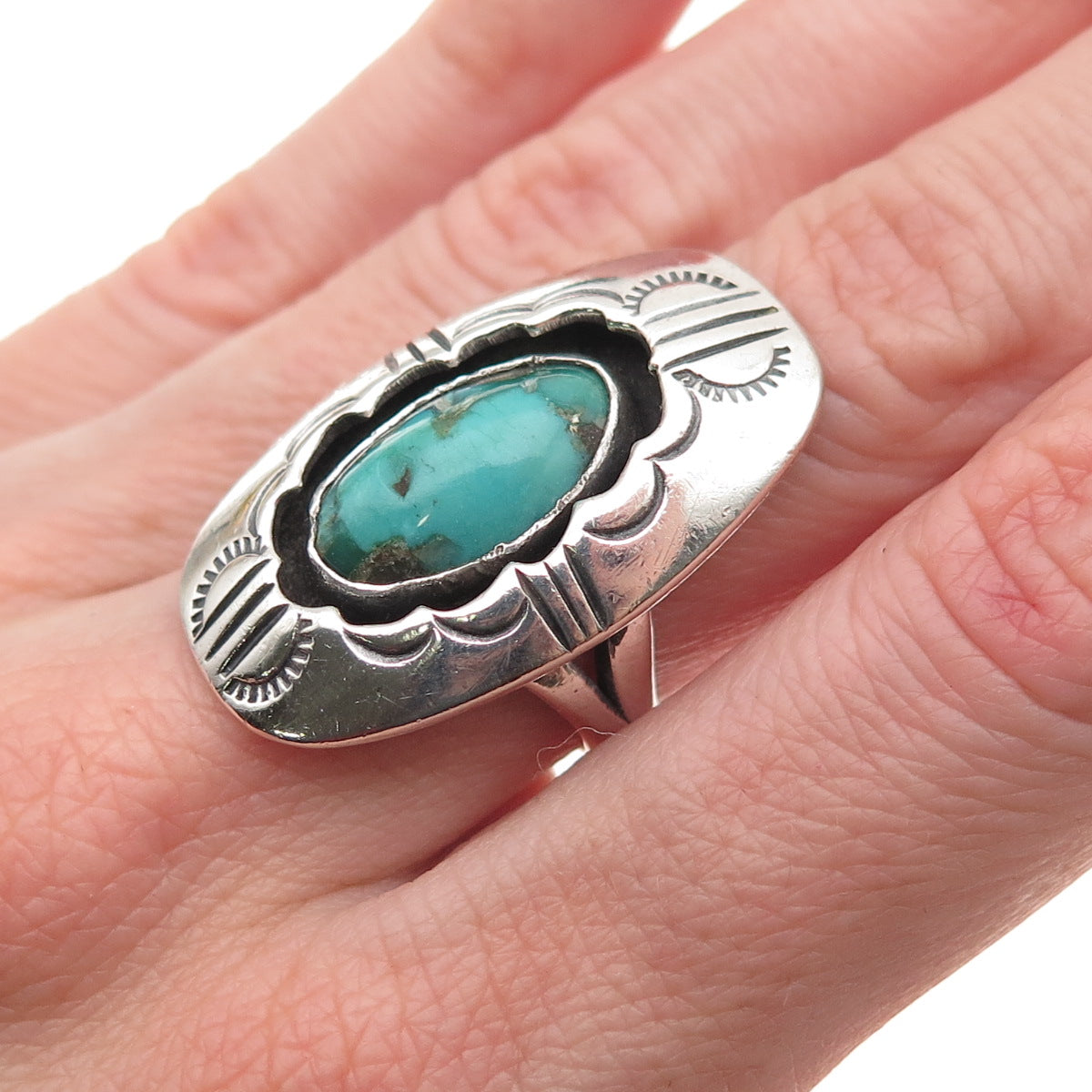 Ed Kee Navajo Old Pawn 925 Sterling Vintage Turquoise Shadow Box Ring Size 6.5