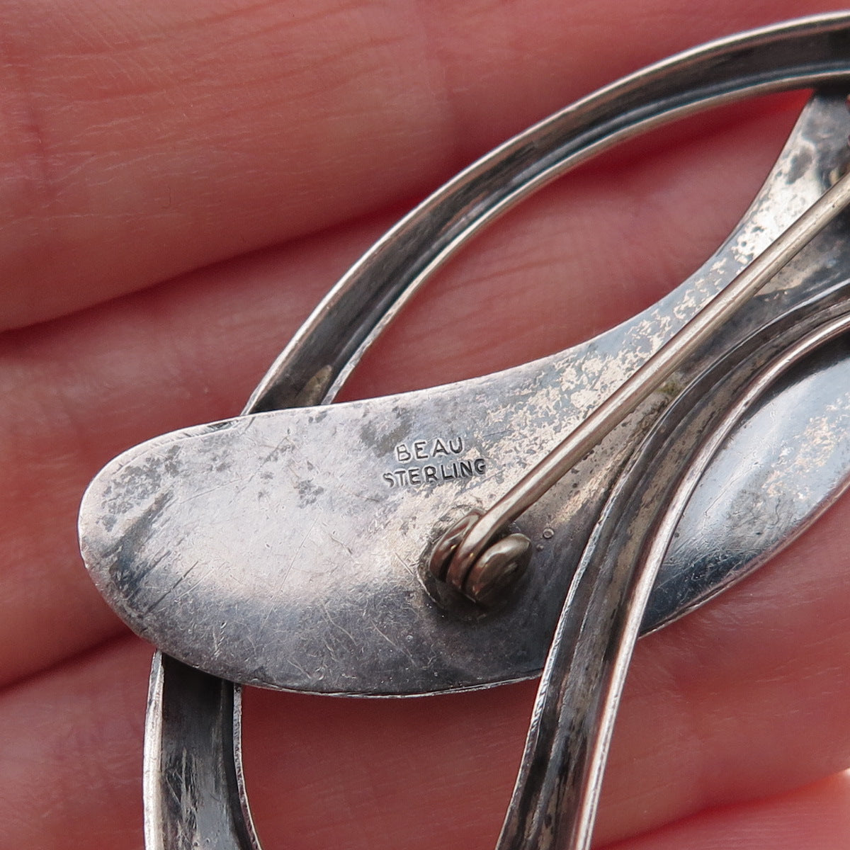 Beau 925 Sterling Silver Vintage Modernist Oxidized Pin Brooch