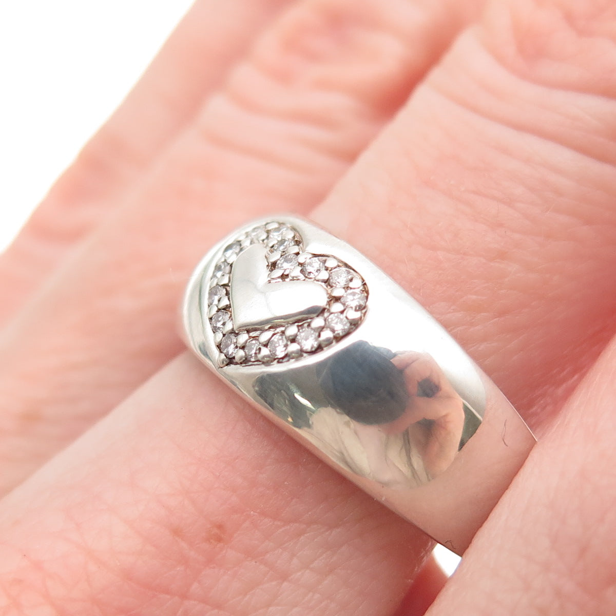 925 Sterling Silver Real Round-Cut Diamond Heart Ring Size 9