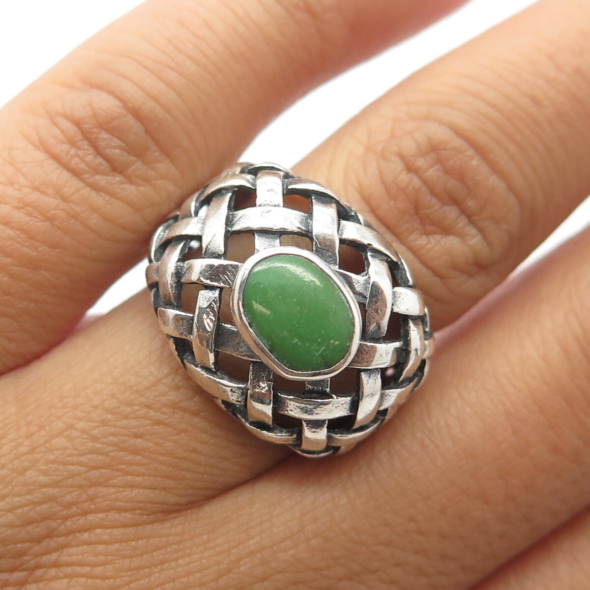 925 Sterling Silver Vintage Real Jade Gemstone Cage Ring Size 6