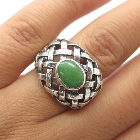 925 Sterling Silver Vintage Real Jade Gemstone Cage Ring Size 6