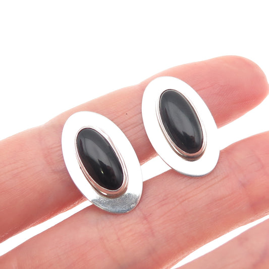 INCA 925 Sterling Silver Vintage Real Black Onyx Modernist Clip On Earrings