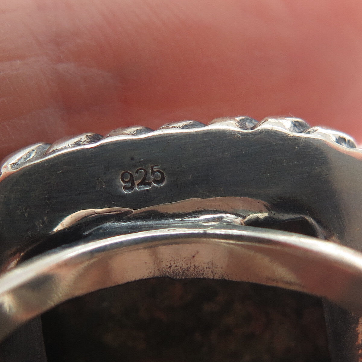 925 Sterling Silver Vintage Real Cushion-Cut Unakite Roped Bezel Ring Size 8.25