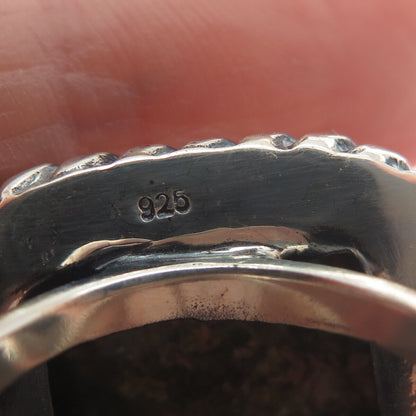 925 Sterling Silver Vintage Real Cushion-Cut Unakite Roped Bezel Ring Size 8.25