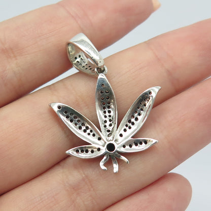 925 Sterling Silver Round-Cut White C Z Cannabis Leaf Pendant