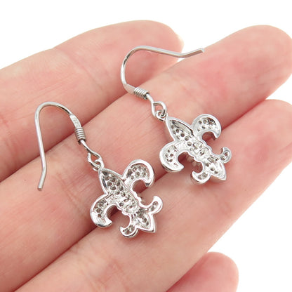 925 Sterling Silver Round-Cut C Z Fleur de Lis Dangling Earrings