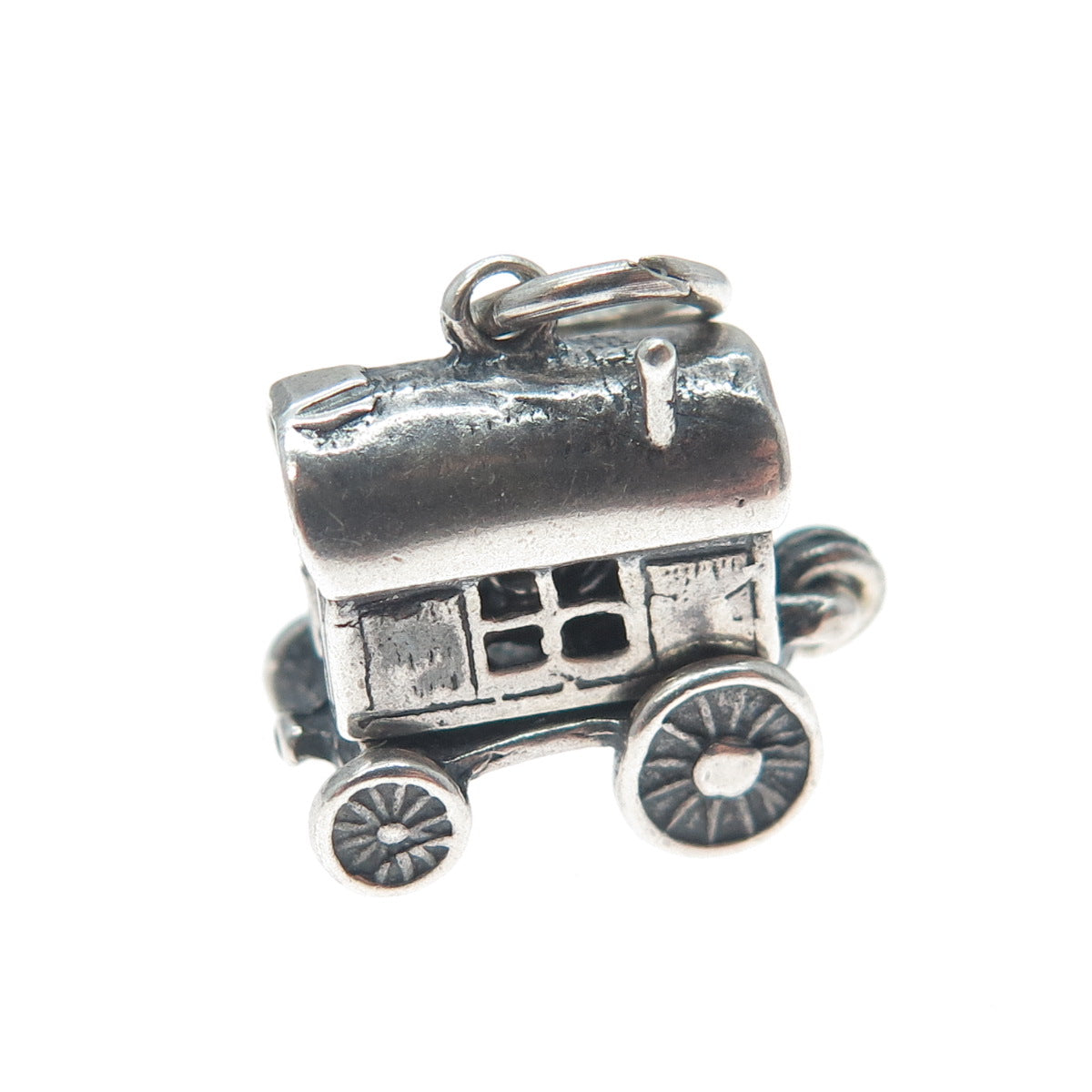 925 Sterling Silver Vintage Travel Wagon Oxidized Minimalist 3D Charm Pendant