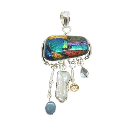 925 Sterling Silver Vintage Pearl Citrine Topaz Opal Gem & Roman Glass Pendant