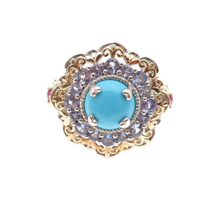 Chuck Clemency 925 Sterling 2-Tone Real Turquoise Tanzanite & Ruby Ring Size 8