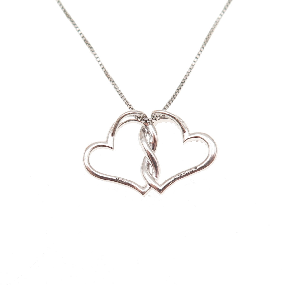 Hallmark 925 Sterling Silver Real Diamond Couple Heart Box Chain Necklace 18"