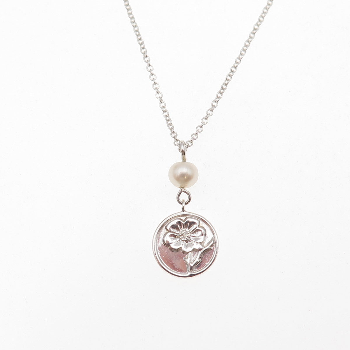 Tiffany & Co. Sterling Silver Vintage Real Pearl Floral Cable Chain Necklace 16"