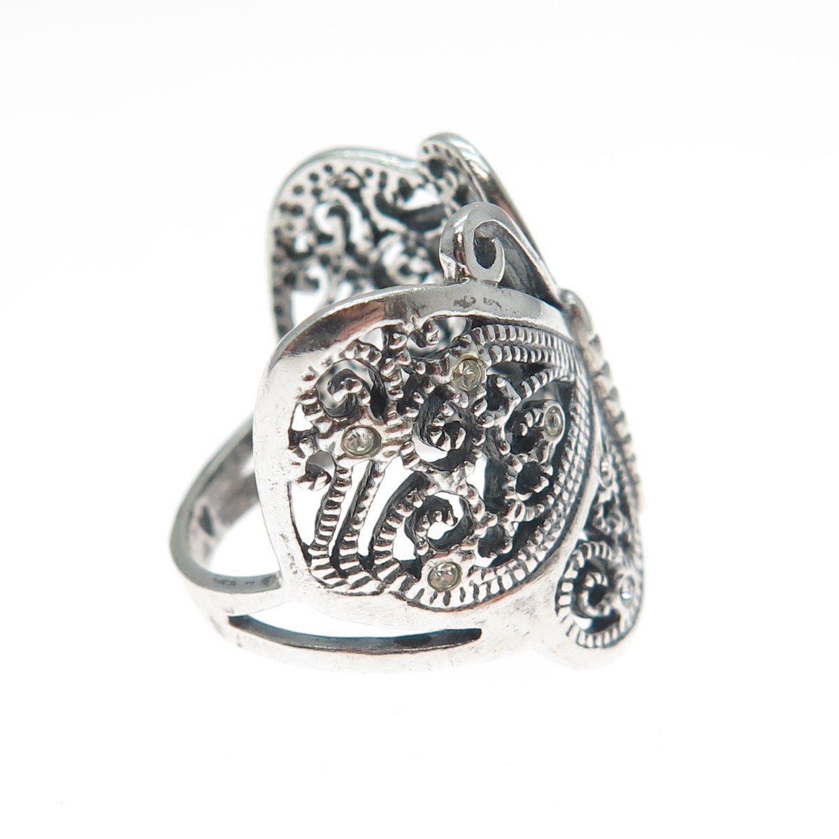 925 Sterling Silver Vintage Rhinestone Butterfly Oxidized Ring Size 6.75