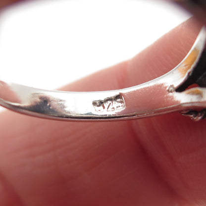 925 Sterling Silver Vintage Real Black Onyx Feather Beaded Oxidized Ring Size 7