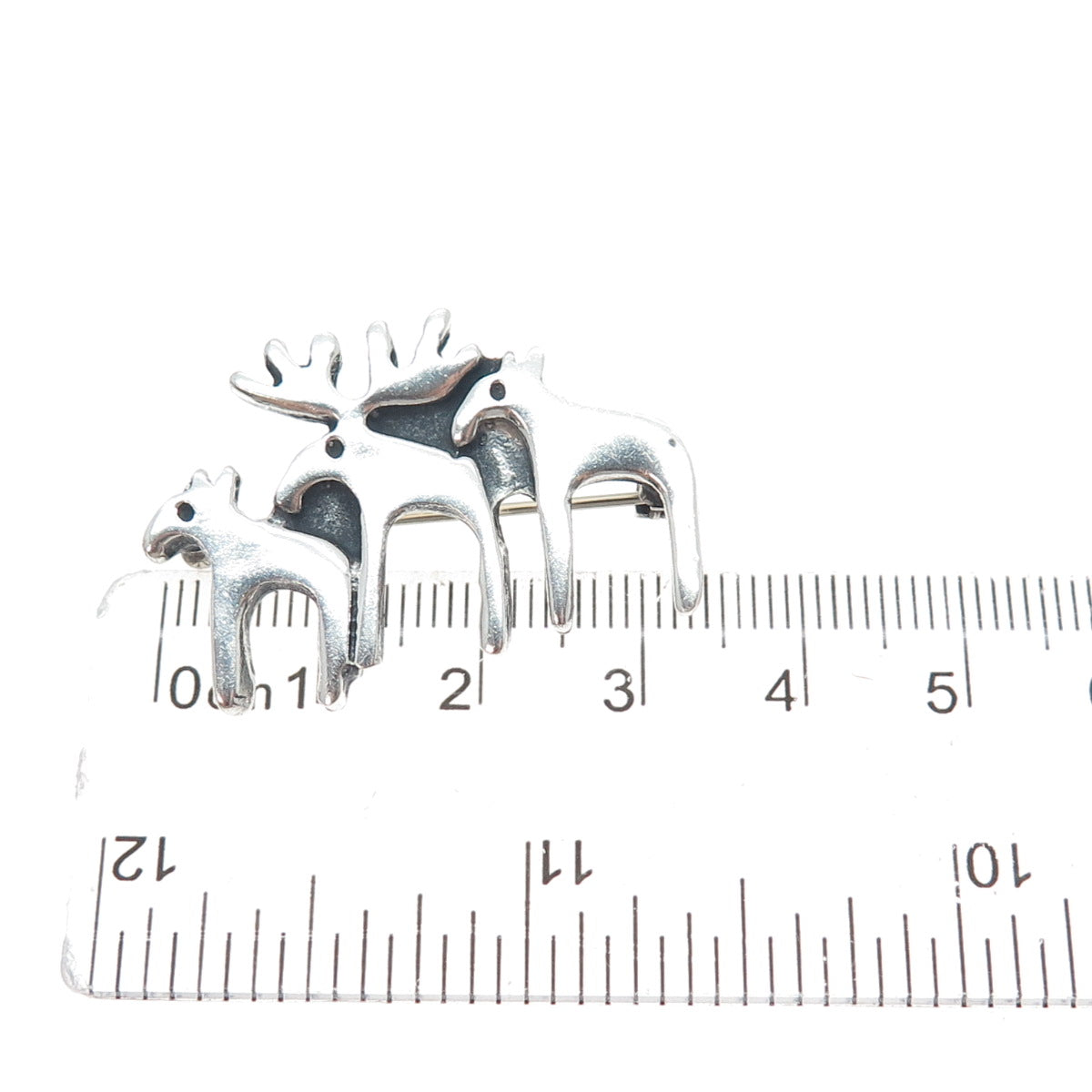 925 Sterling Silver Vintage Modernist Moose Family Oxidized Pin Brooch