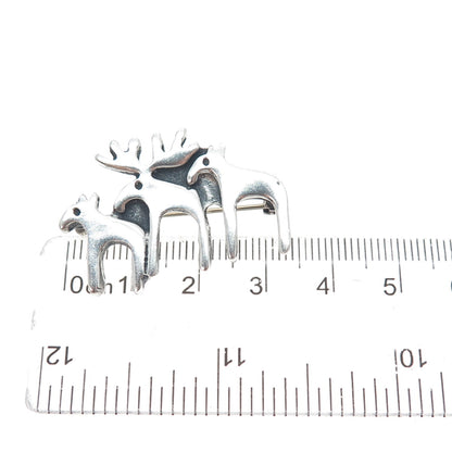 925 Sterling Silver Vintage Modernist Moose Family Oxidized Pin Brooch
